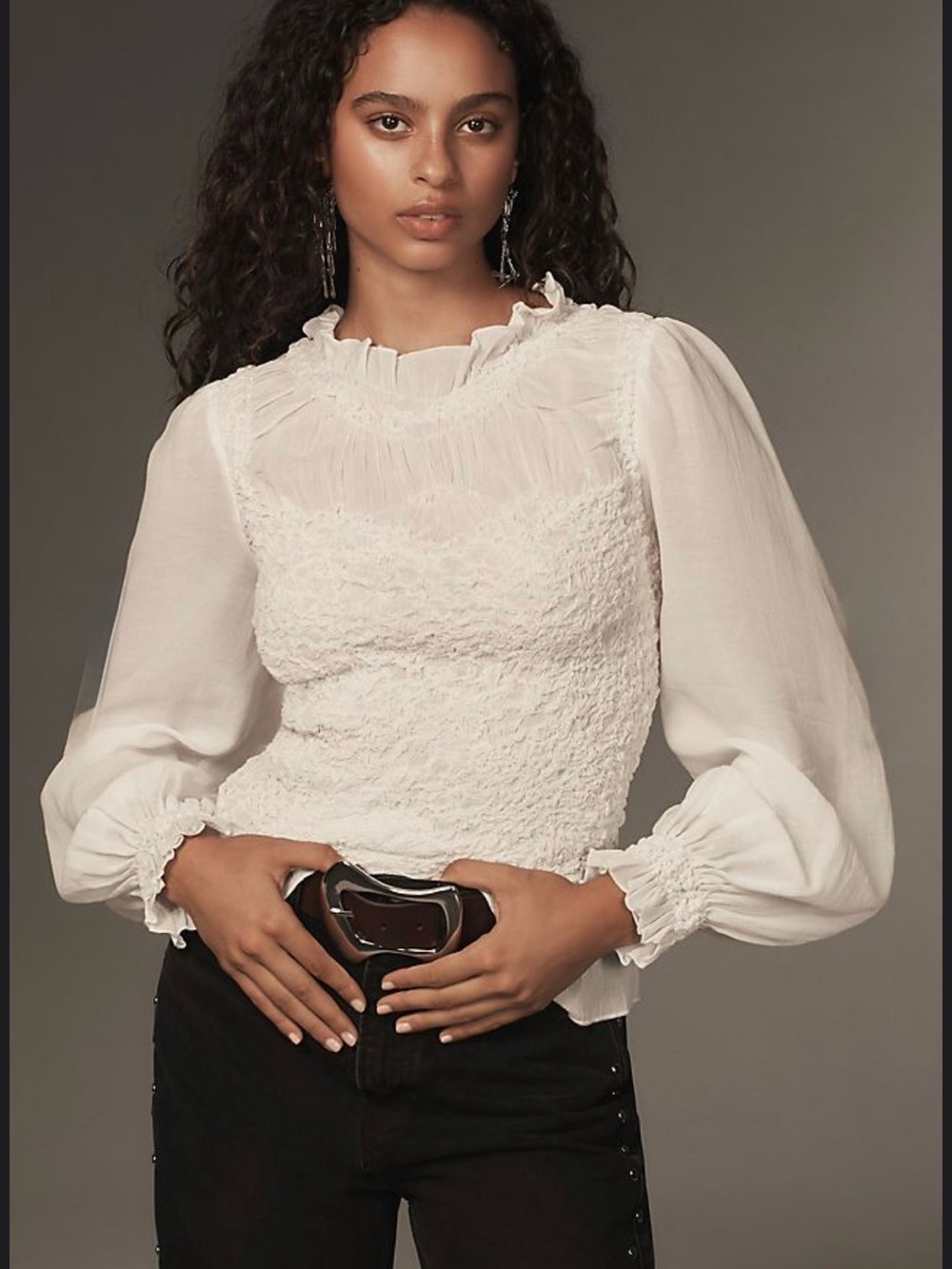 Anthropologie Balloon-Sleeve Smocked Peplum Blouse